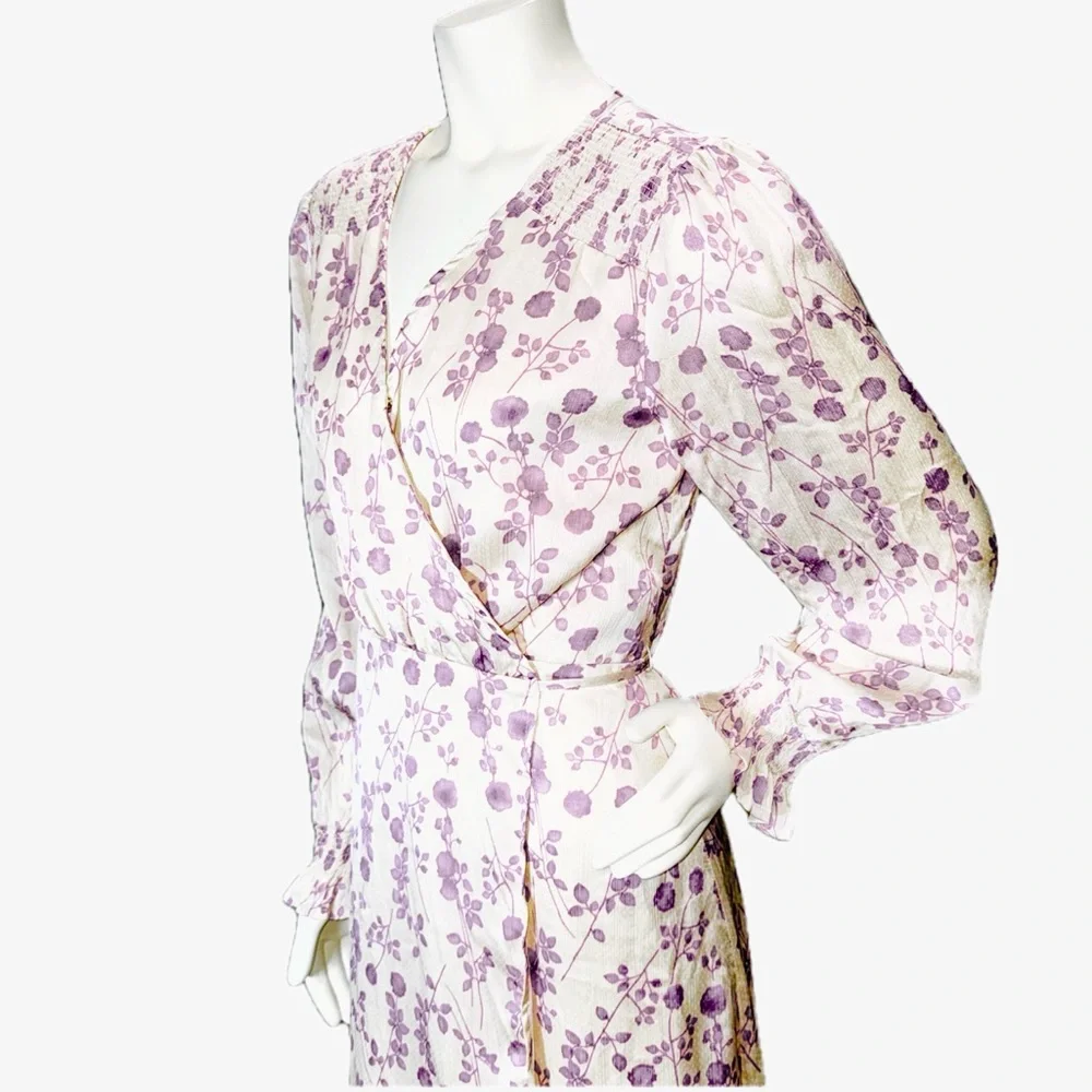 👗🌸 BISHOP + YOUNG Floral Wrap Midi Dress Lavender Ivory Long Sleeve l Sz M - Picture 3 of 9